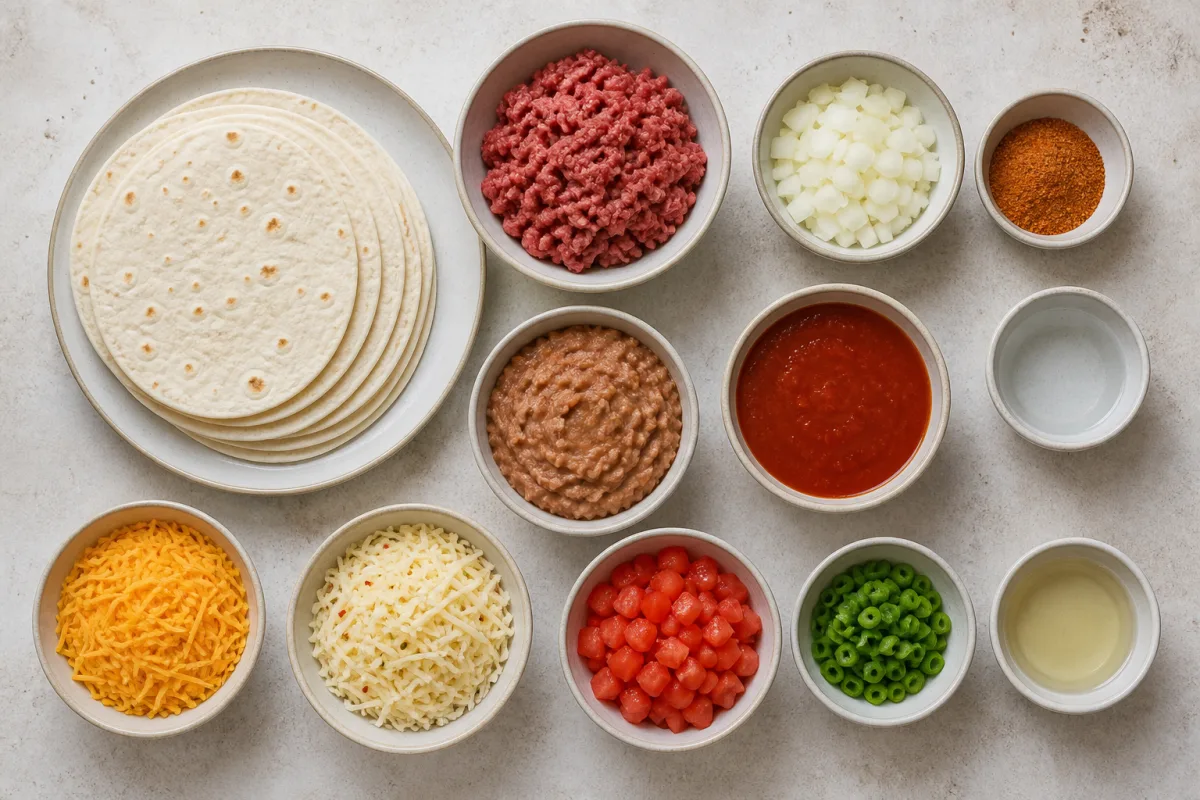 Ingredients for Mexican pizza with flour tortillas, ground beef, onion, taco seasoning, refried beans, enchilada sauce, cheddar, pepper jack, tomatoes, green onions, and oil