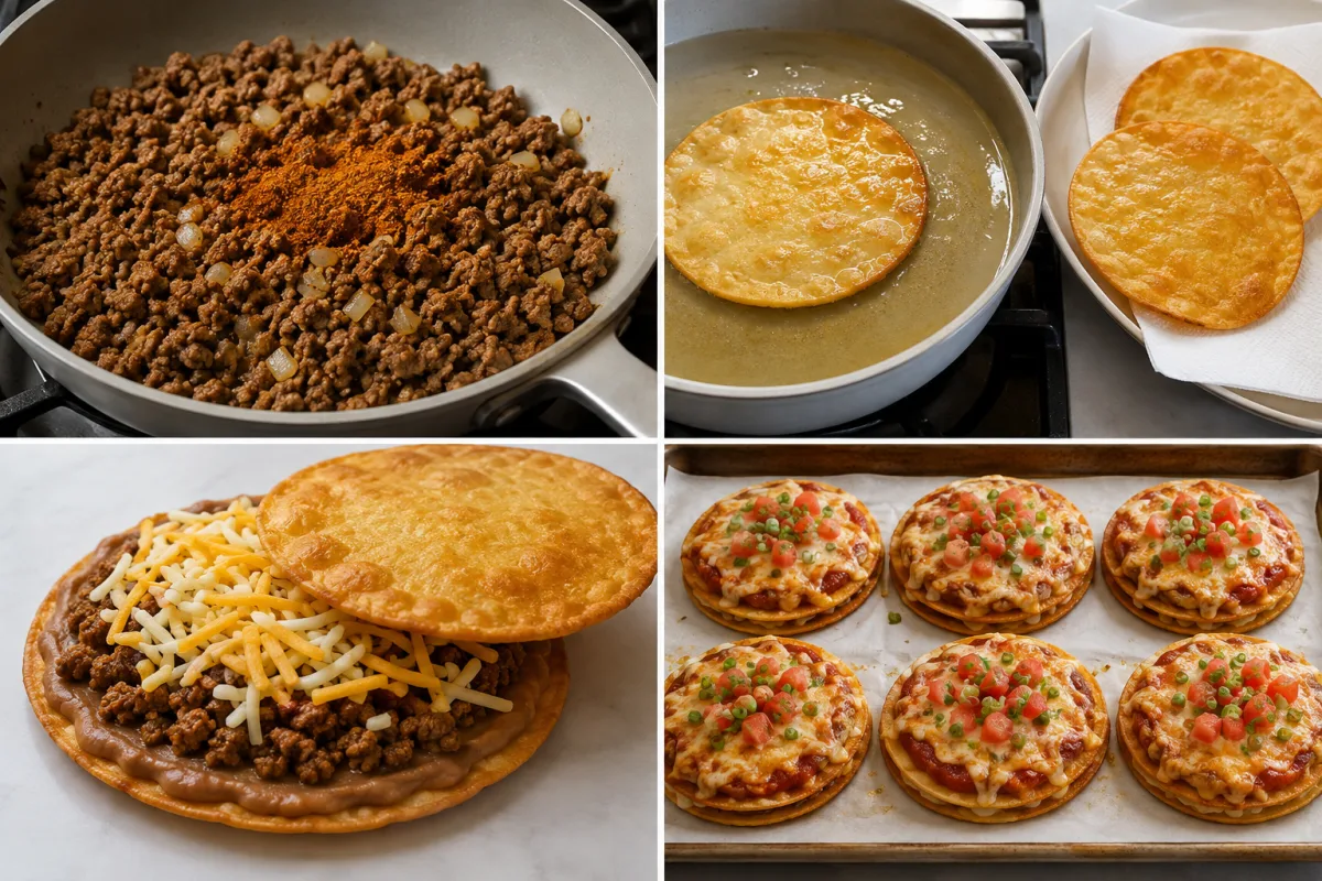 Four stages showing taco beef cooked, tortillas fried crisp, Mexican pizzas layered with beans beef and cheese, and six pizzas baked and topped