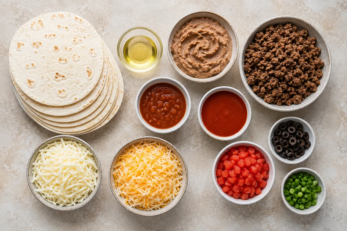 Ingredients for copycat Mexican pizza with flour tortillas, refried beans, seasoned beef, taco and enchilada sauces, cheeses, tomatoes, black olives, and green onions