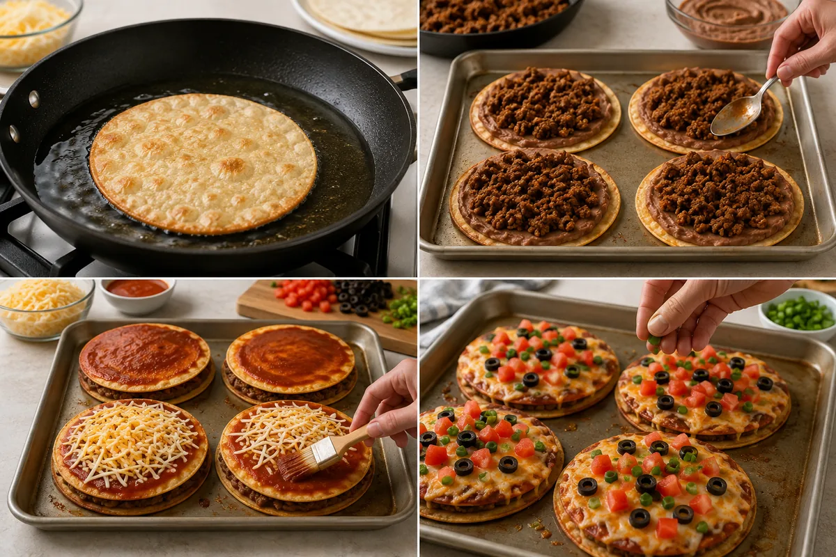 Four stages of copycat Mexican pizza showing a crisp fried tortilla, bean and beef filling, sauce and cheese assembly, and fresh toppings