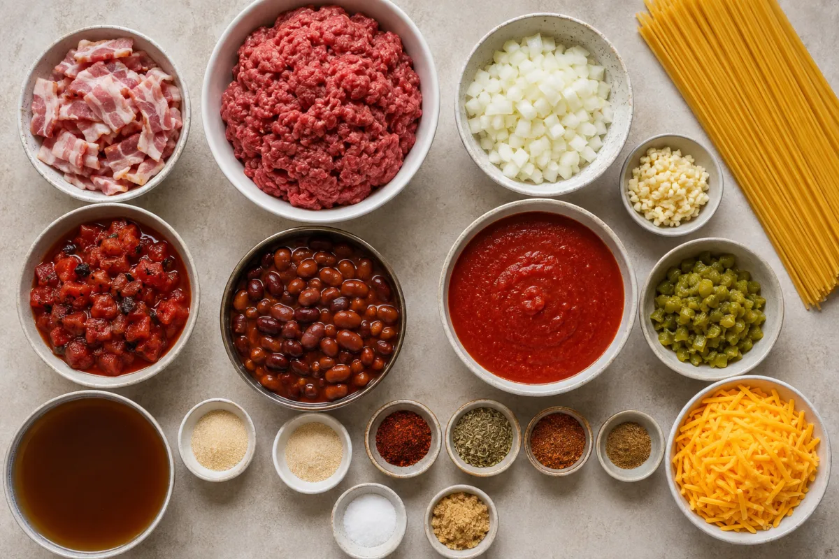 Ingredients for cowboy spaghetti with bacon, ground beef, onion, garlic, tomatoes, chili beans, tomato sauce, green chiles, broth, spaghetti, spices, and cheddar