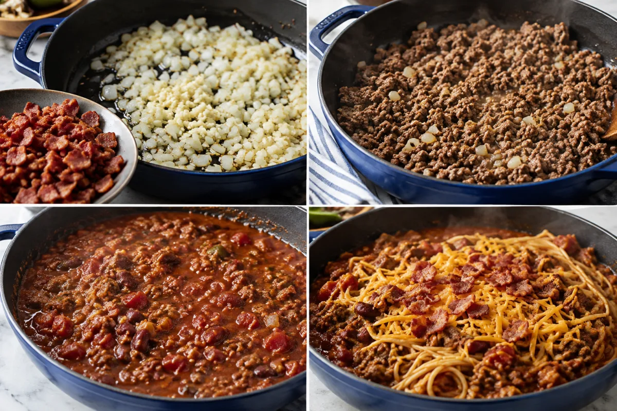 Four stages showing bacon cooked and onion softened, beef browned, chili tomato sauce simmered, and spaghetti tossed with sauce bacon and cheddar