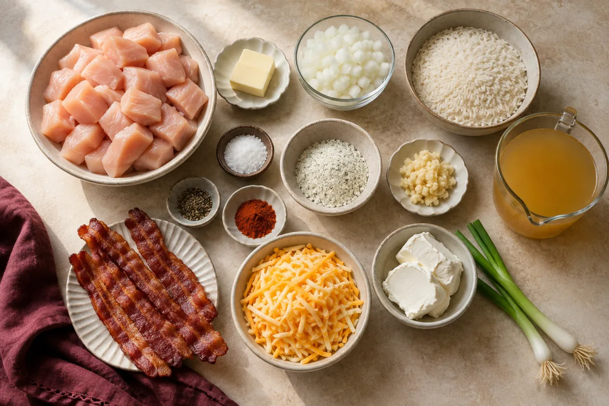 Ingredients for chicken and rice skillet with chicken breast, jasmine rice, broth, ranch seasoning, bacon, Colby Jack, cream cheese, onion, and spices