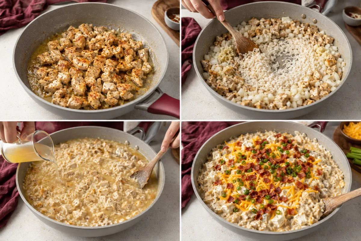Four stages showing seasoned chicken cooked, jasmine rice toasted with onion, broth simmered, and skillet finished with cheese bacon and green onions