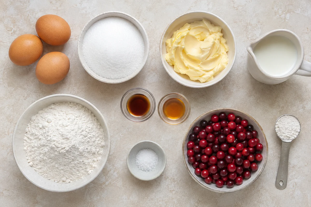 Ingredients for cranberry cake including eggs, sugar, butter, milk, vanilla, almond extract, flour, salt, and fresh cranberries