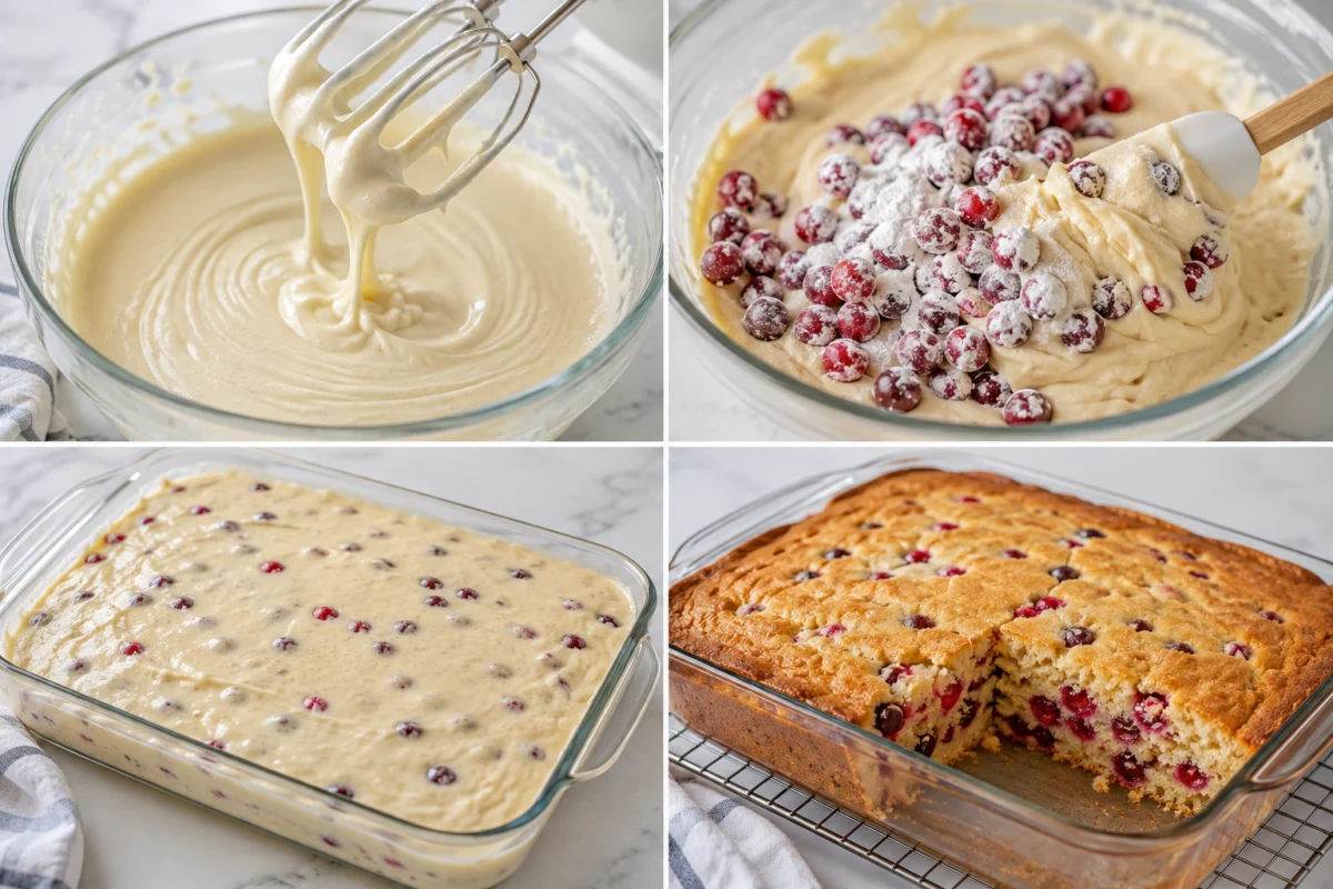 Four stages showing eggs and sugar whipped, flour-coated cranberries folded into batter, batter spread in a glass dish, and baked cranberry cake cut into squares