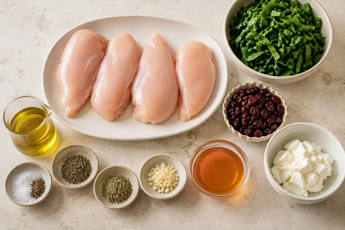Ingredients for cranberry spinach stuffed chicken including chicken breasts, spinach, dried cranberries, goat cheese, garlic, thyme, rosemary, olive oil, honey, salt, and pepper
