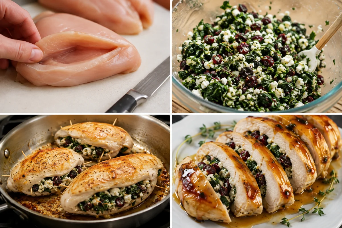 Four stages showing pockets cut in chicken breasts, spinach cranberry goat cheese filling mixed, stuffed chicken seared, and baked chicken sliced to reveal the filling