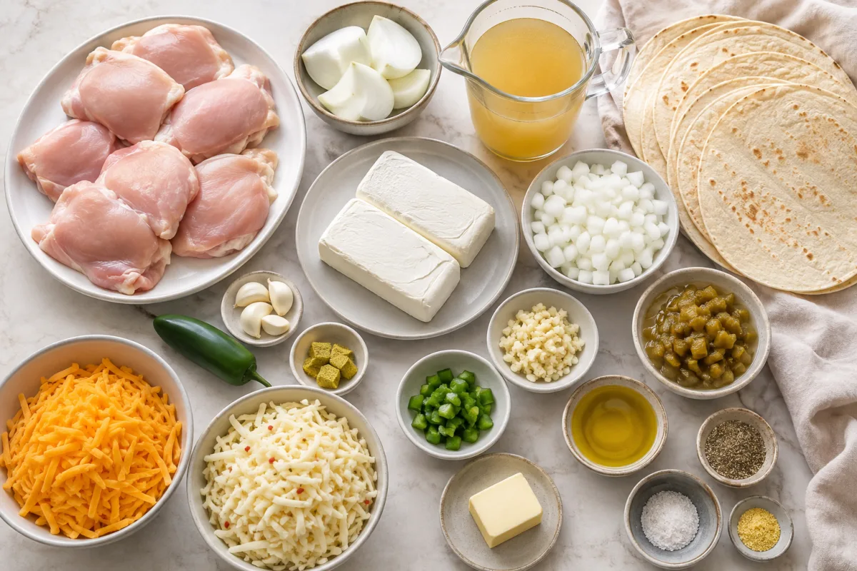 Ingredients for cream cheese chicken enchiladas with chicken, cream cheese, corn tortillas, onions, garlic, jalapeno, Hatch chiles, cheddar, pepper jack, butter, and bouillon