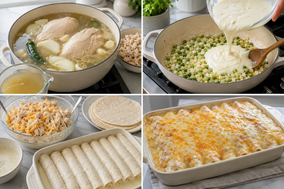 Four stages showing chicken simmering with aromatics, cream cheese Hatch chile sauce, tortillas filled with chicken and cheese, and baked enchiladas with melted cheese