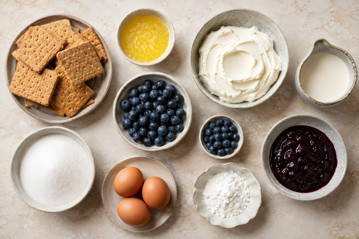 Ingredients for creamy blueberry cheesecake including biscuits, butter, blueberries, sugar, cream cheese, heavy cream, eggs, and cornstarch