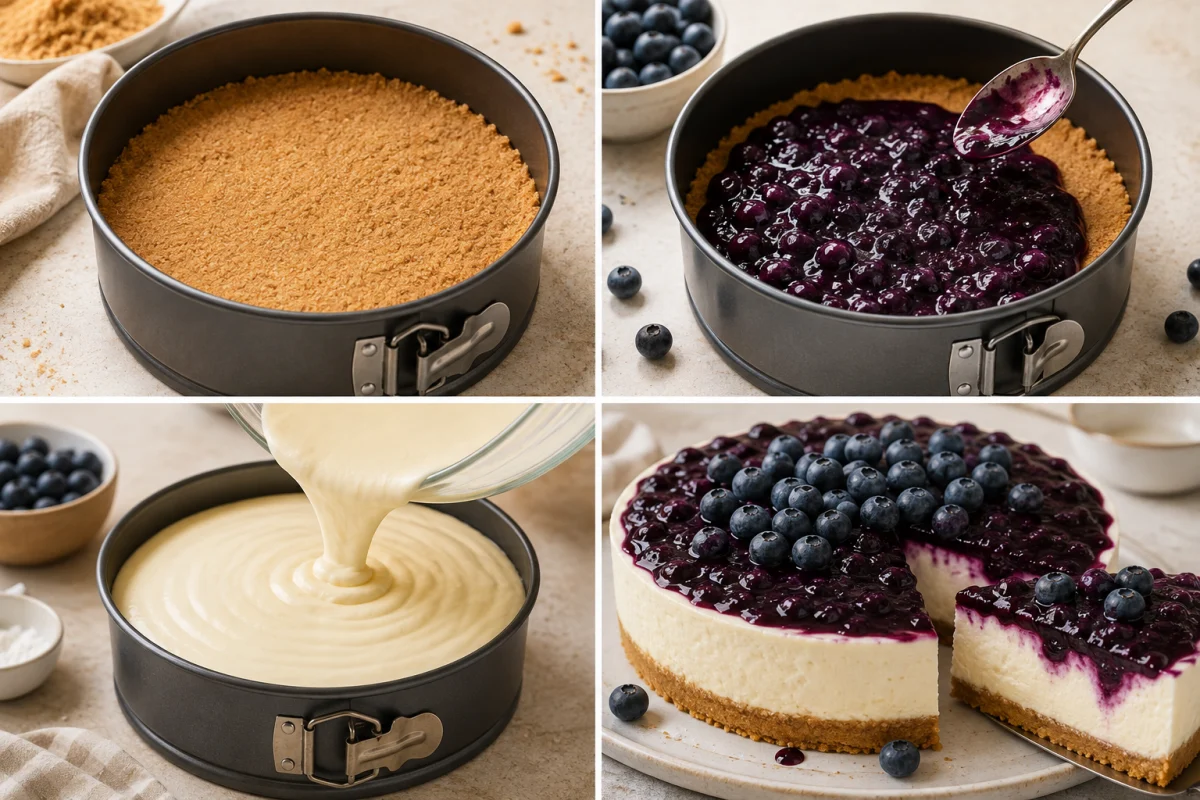 Four stages showing biscuit crust pressed into a pan, blueberry compote cooked, cheesecake batter mixed, and baked blueberry cheesecake topped with berries