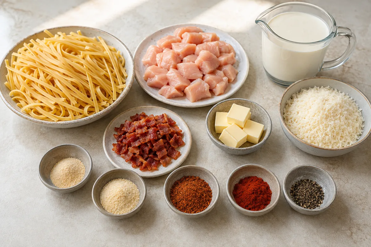Ingredients for chicken bacon Alfredo with fettuccine, chicken breasts, bacon, butter, heavy cream, Parmesan, and seasonings
