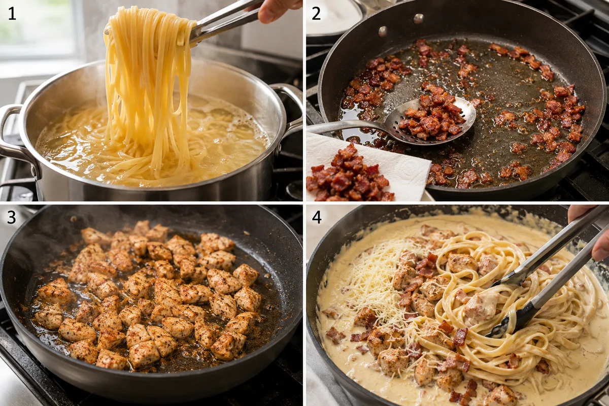 Four stages of chicken bacon Alfredo showing fettuccine cooking, bacon crisping, seasoned chicken browning, and pasta tossed in Parmesan cream sauce