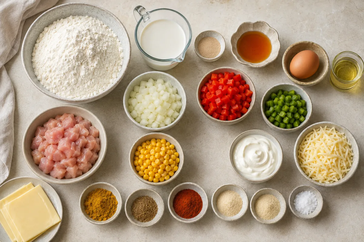 Ingredients for chicken curry stuffed bread rolls with flour, milk, yeast, honey, egg, oil, chicken, vegetables, spices, creme fraiche, cheese, and Parmesan
