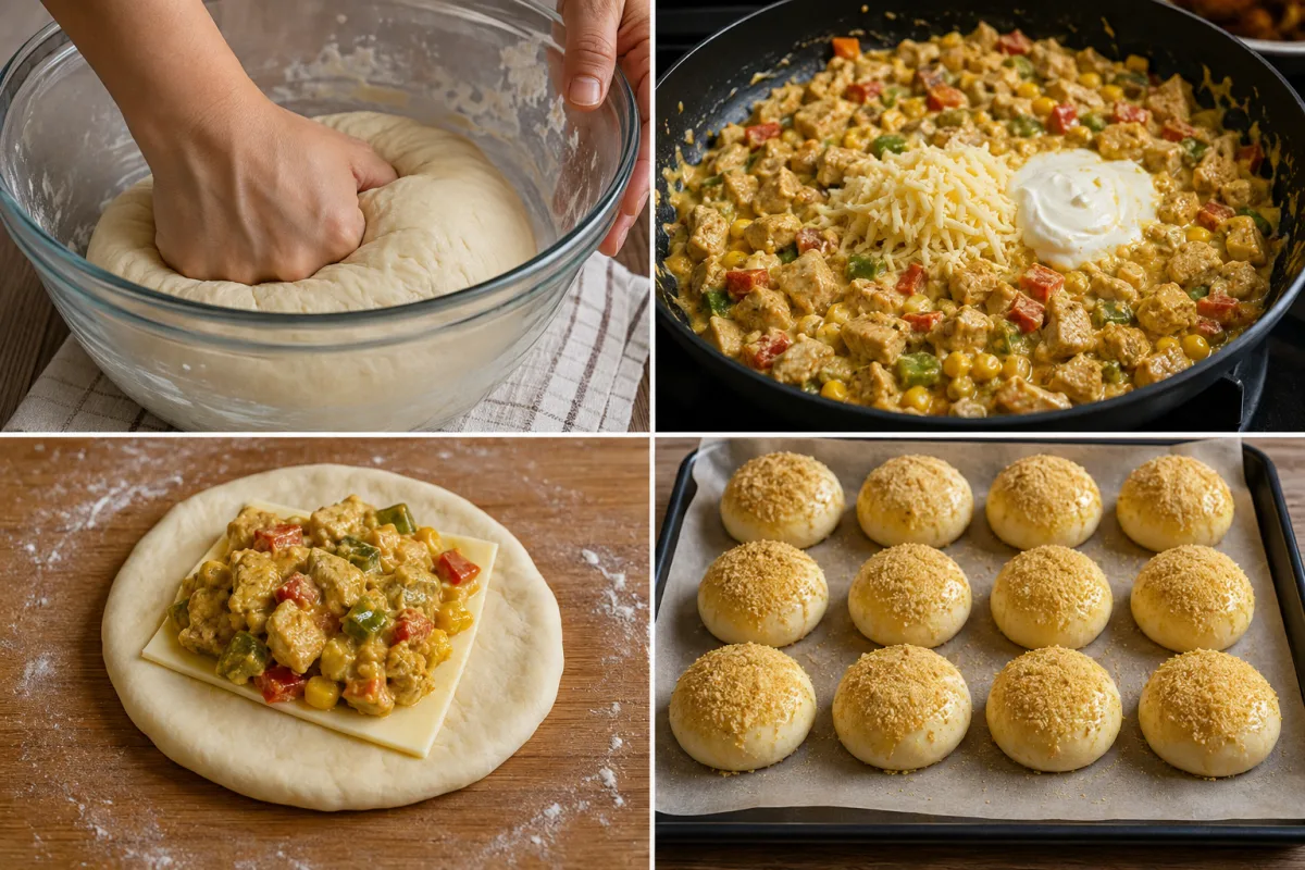 Four stages showing yeast dough kneaded, creamy chicken curry filling cooked, cooled filling enclosed in dough with cheese, and twelve coated rolls ready to bake