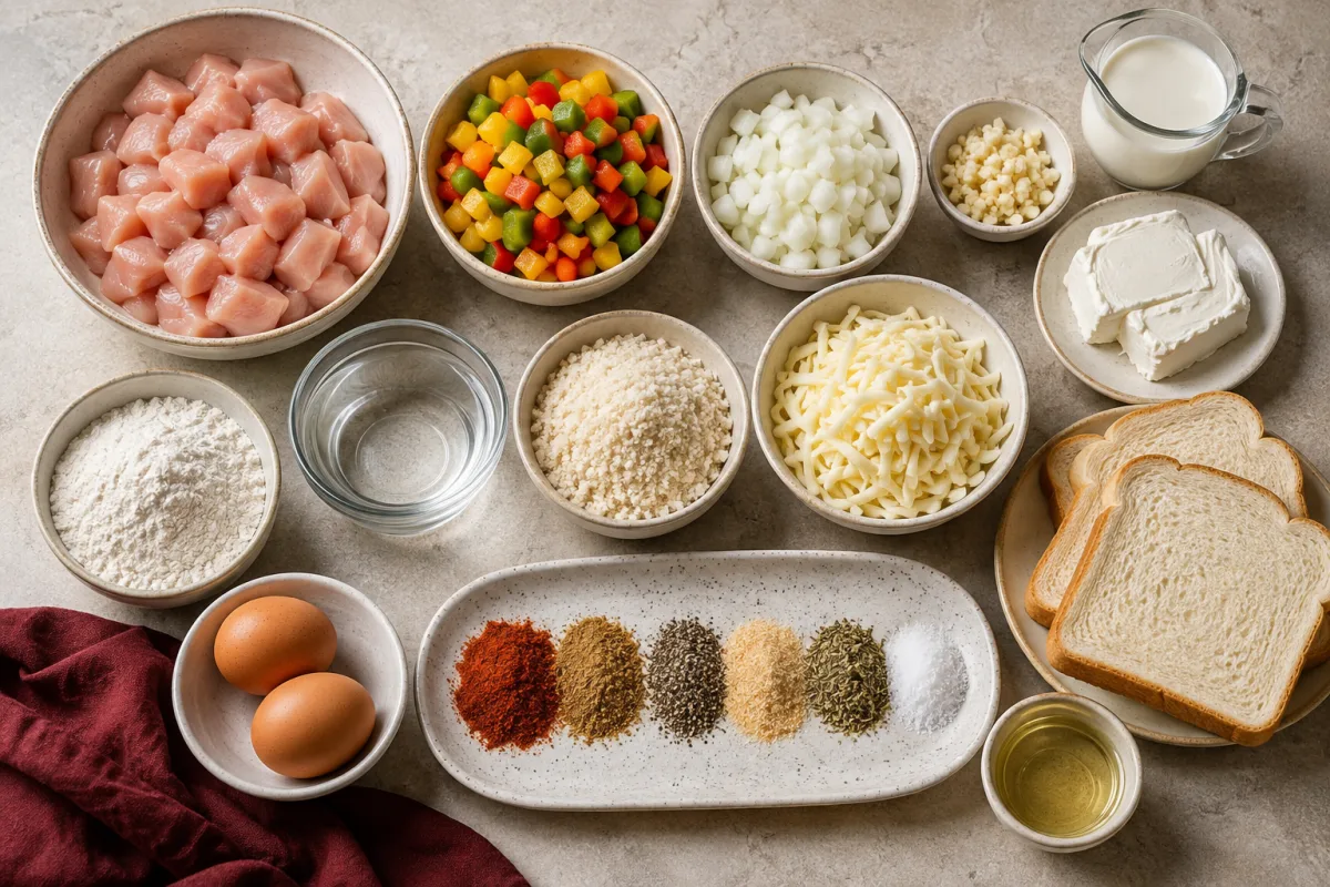 Ingredients for creamy chicken fajita bread pockets with chicken, peppers, onion, garlic, cream, cheeses, sandwich bread, flour, eggs, milk, panko, oil, and spices