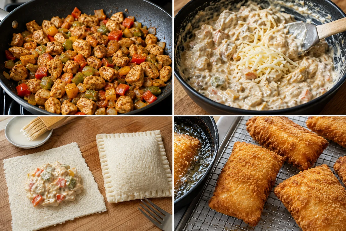 Four stages showing seasoned chicken and peppers cooked, creamy filling finished, flattened bread filled and sealed, and panko pockets fried golden