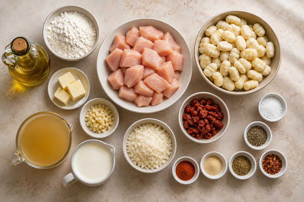 Ingredients for creamy chicken and gnocchi including chicken, flour, gnocchi, butter, oil, garlic, broth, cream, Parmesan, sun-dried tomatoes, and herbs