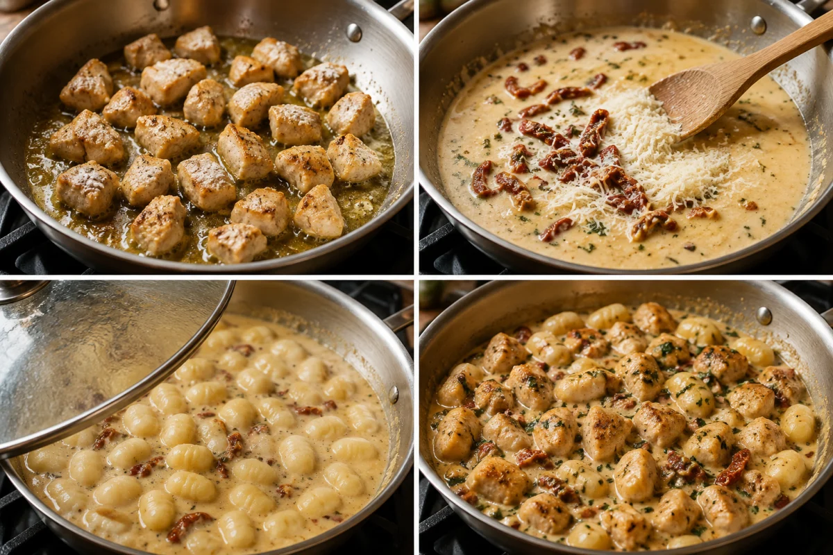 Four stages showing floured chicken browned, cream sauce made with Parmesan and sun-dried tomatoes, gnocchi simmered in sauce, and chicken returned to the skillet