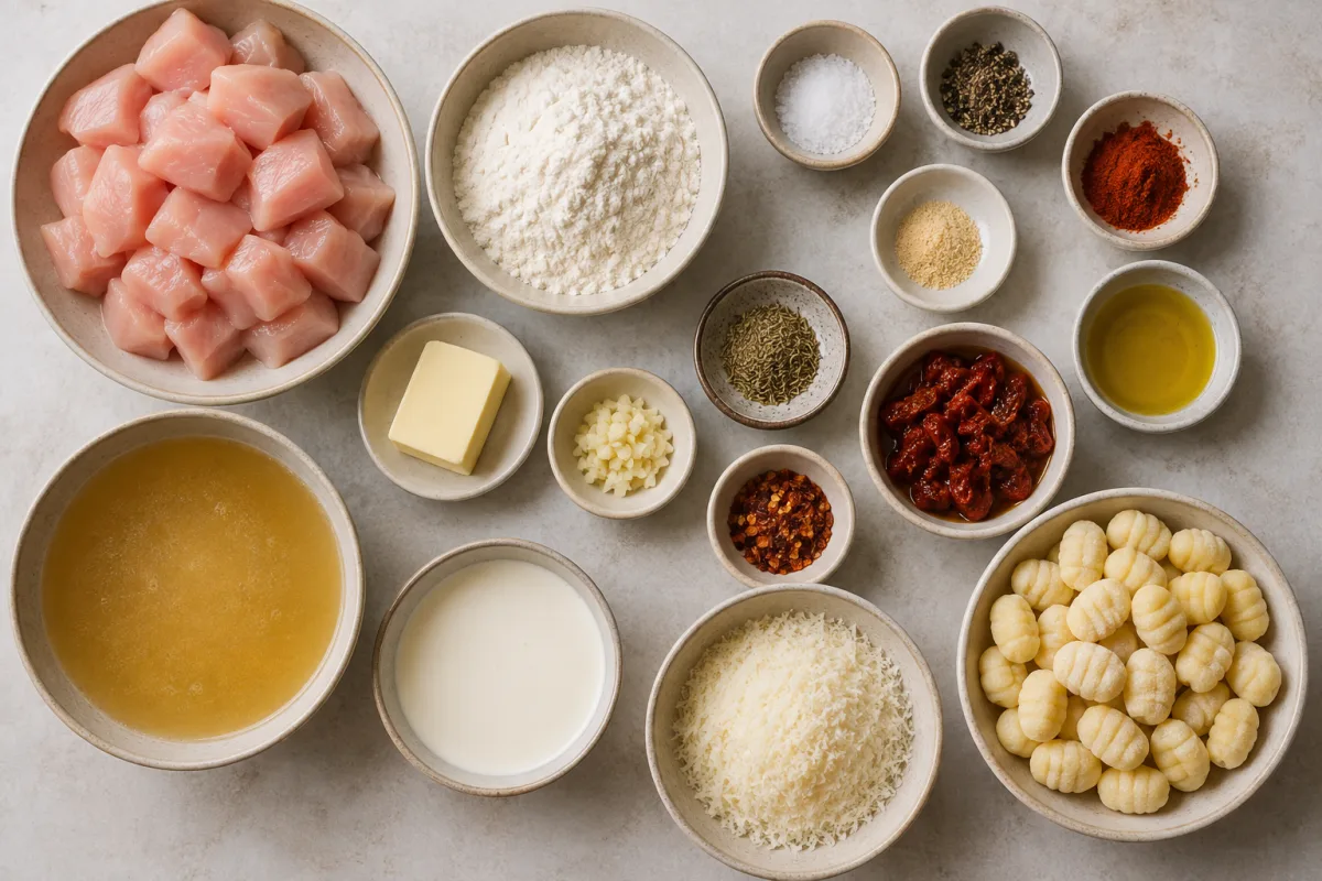 Ingredients for creamy chicken gnocchi including chicken, flour, seasonings, broth, cream, Parmesan, sun-dried tomatoes, and gnocchi