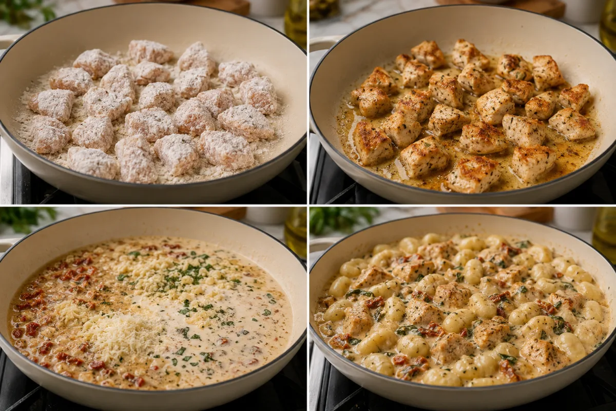 Four stages showing chicken coated, chicken browned, Parmesan cream sauce prepared, and gnocchi finished with chicken