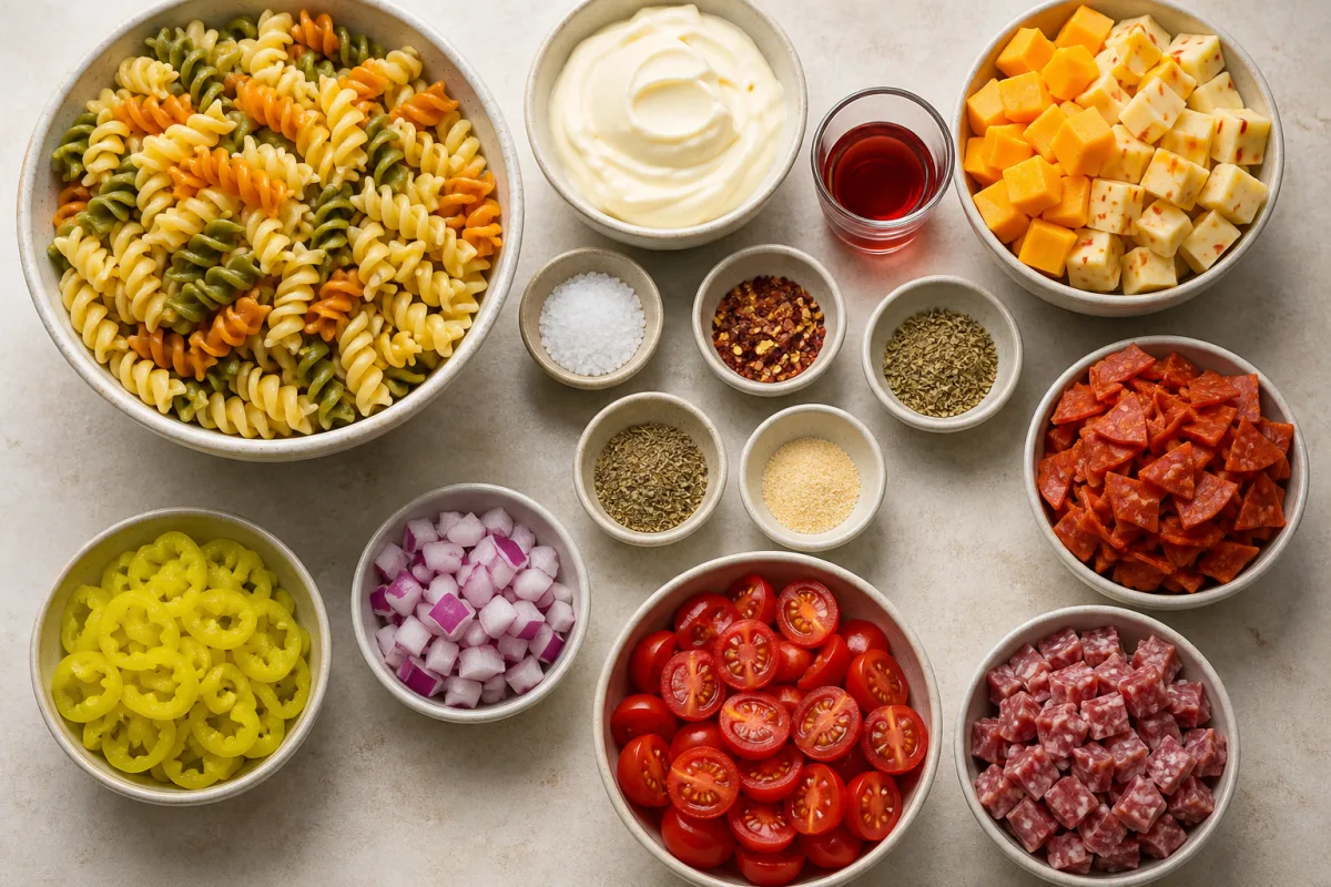 Ingredients for creamy Italian pasta salad with tricolor rotini, mayonnaise dressing, cheese cubes, banana peppers, tomatoes, red onion, pepperoni, salami, and herbs