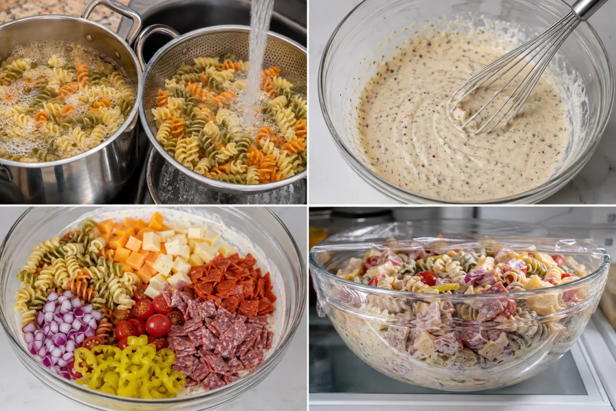 Four stages showing tricolor rotini cooked and rinsed, creamy Italian dressing whisked, salad ingredients added, and pasta salad covered to chill
