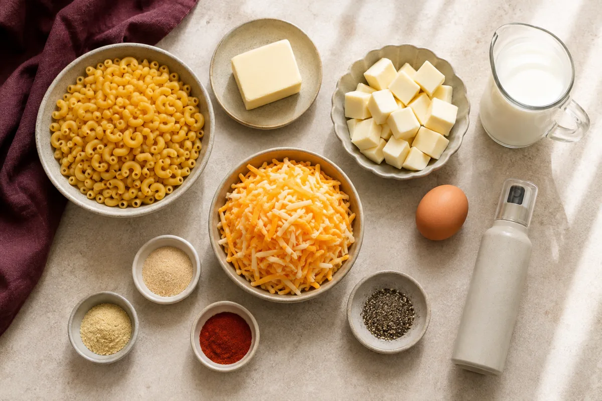 Ingredients for smoked macaroni and cheese with elbow pasta, butter, white melting cheese, Colby Jack, egg, milk, garlic powder, dry mustard, paprika, and black pepper