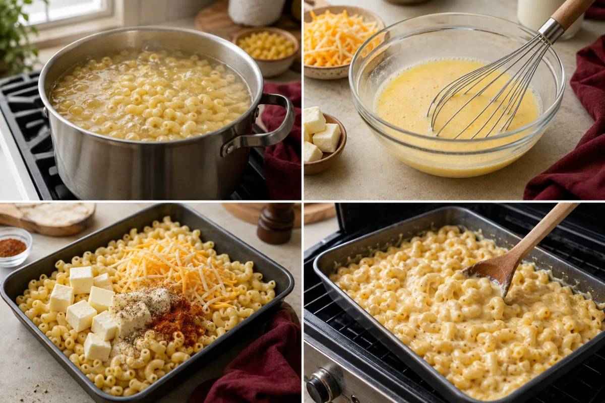 Four stages showing elbow macaroni cooked, egg and milk whisked, pasta combined with cheeses and seasonings, and macaroni stirred until creamy in a smoker-safe pan
