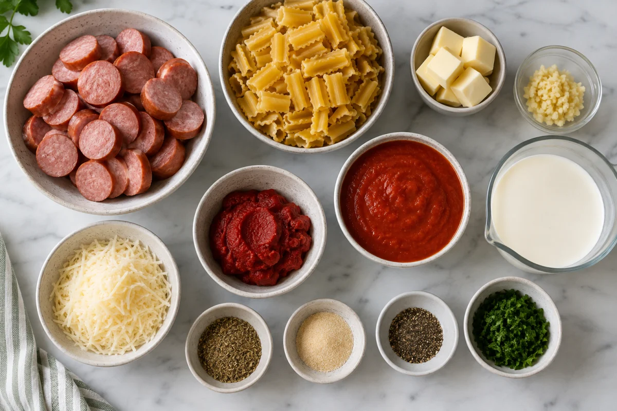 Ingredients for creamy smoked sausage pasta arranged in bowls, including kielbasa, pasta, cream, tomato sauce, tomato paste, Parmesan, butter, garlic, and seasonings