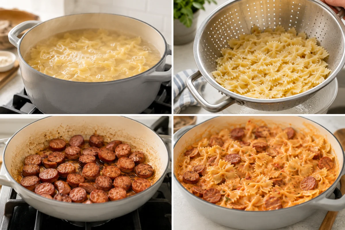 Four cooking stages showing pasta boiling, smoked sausage browning, tomato cream sauce simmering, and sausage pasta tossed together