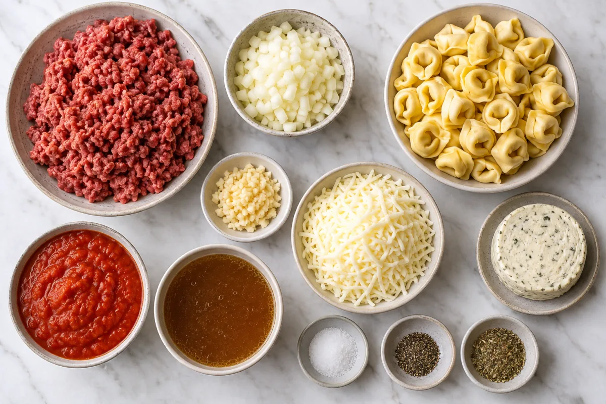 Ingredients for creamy tortellini bake with ground beef, onion, garlic, fresh cheese tortellini, Boursin, tomato sauce, beef broth, mozzarella, and seasonings