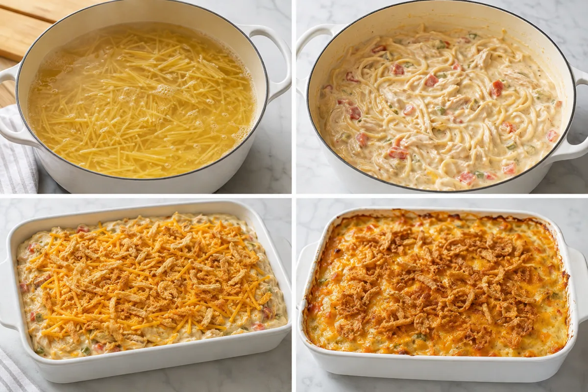 Four stages showing beef browned with onion and garlic, sauce mixed with Boursin, fresh tortellini folded in, and mozzarella baked golden