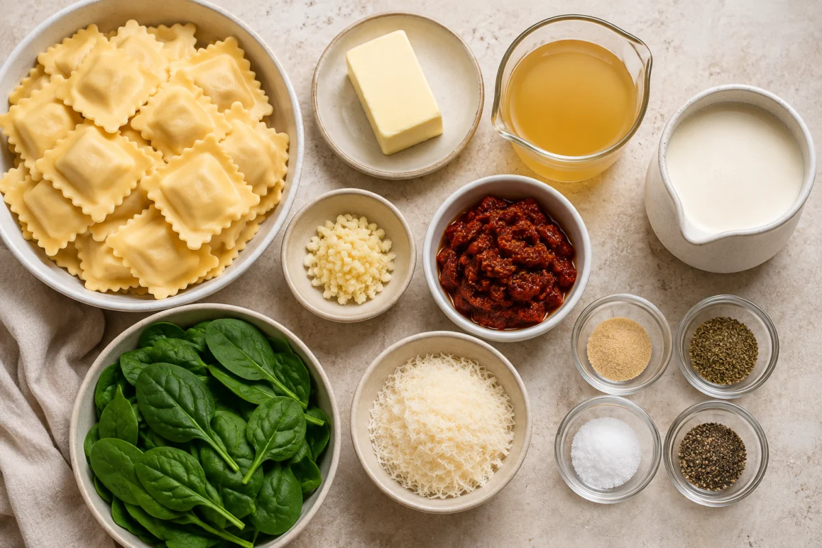Ingredients for creamy Tuscan ravioli including cheese ravioli, butter, garlic, sun-dried tomatoes, broth, cream, Parmesan, spinach, and seasonings