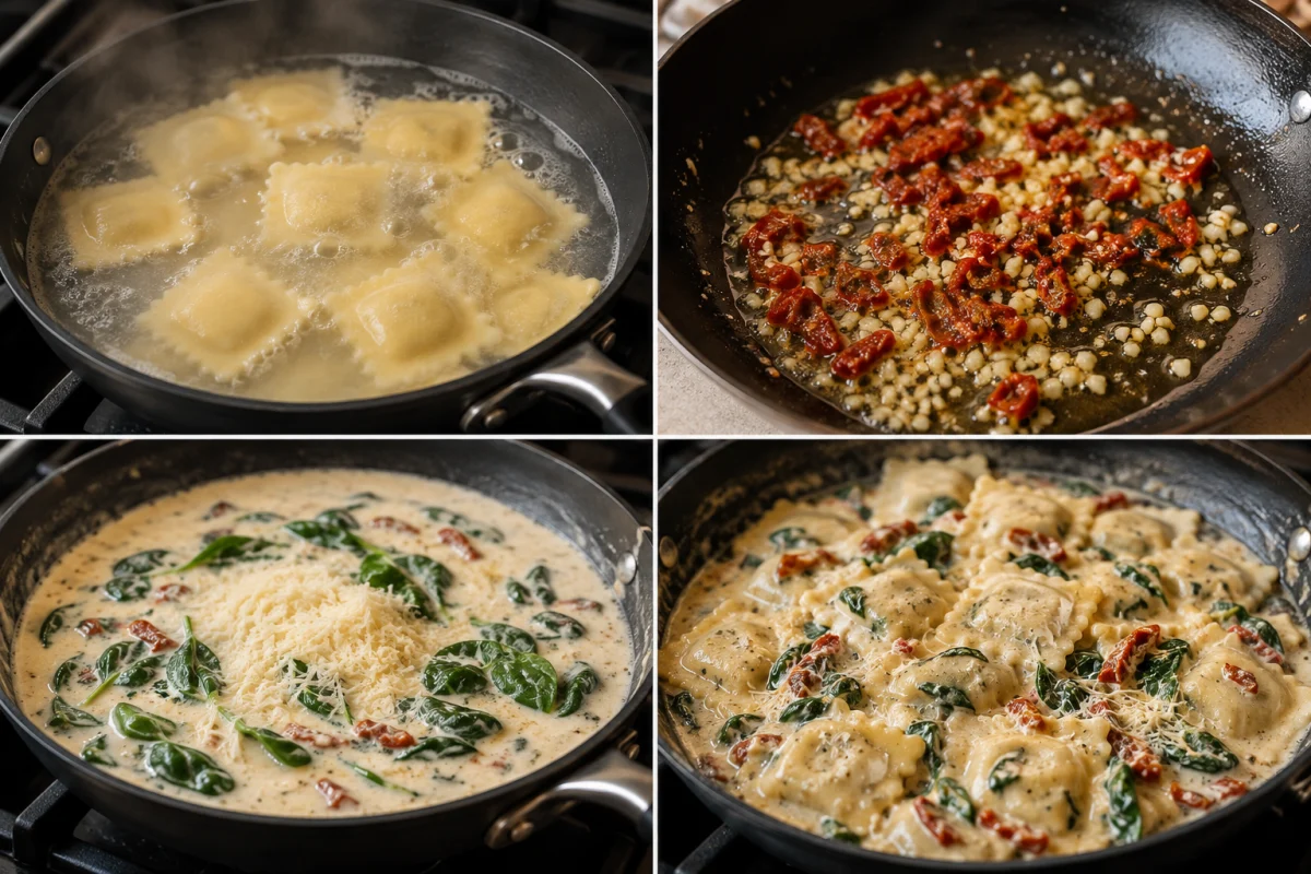 Four stages showing ravioli boiled, garlic and sun-dried tomatoes sautéed, cream sauce finished with spinach and Parmesan, and ravioli folded into the sauce