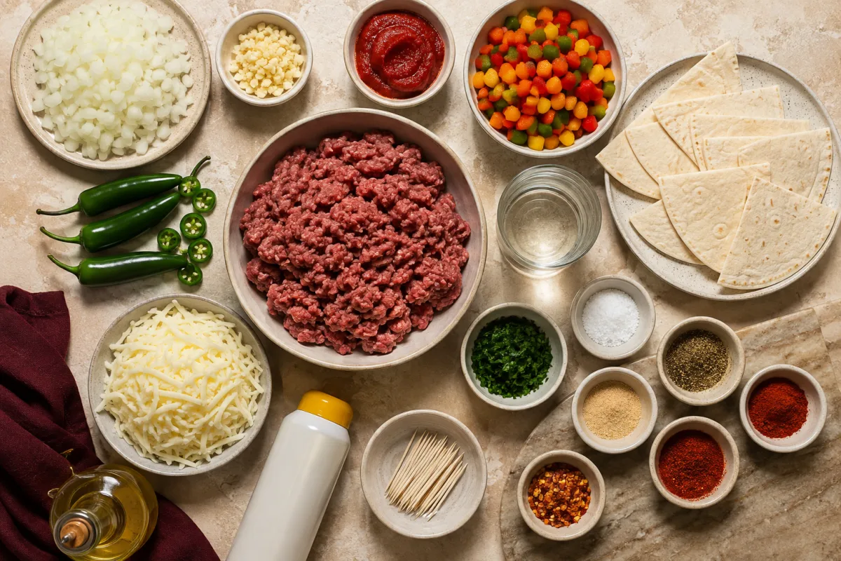 Ingredients for crispy beef cones with ground beef, tortillas, mozzarella, onion, garlic, tomato paste, bell peppers, serrano peppers, and spices