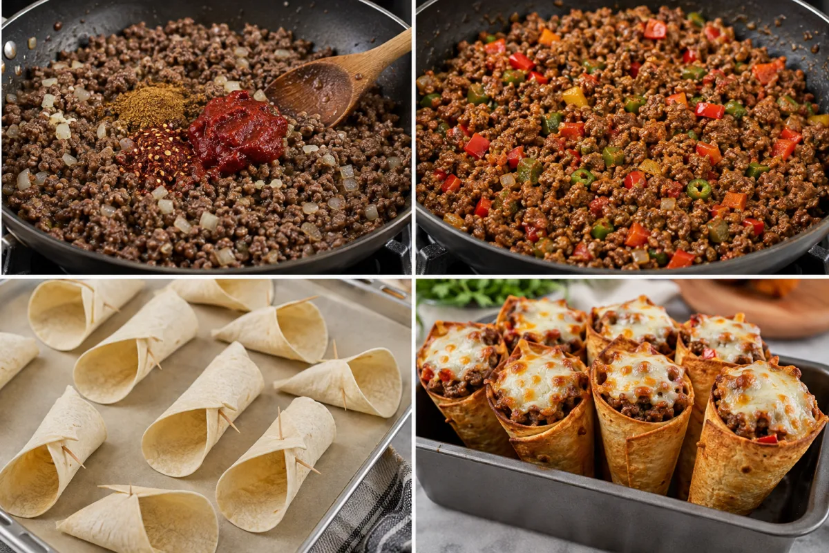 Four stages showing seasoned beef filling, tortilla cones secured with toothpicks, empty cones baked until crisp, and filled cones topped with melted mozzarella