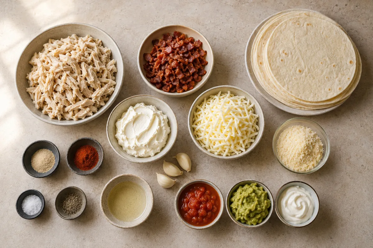 Ingredients for chicken bacon garlic Parmesan taquitos with shredded chicken, bacon, cream cheese, mozzarella, Parmesan, garlic, spices, tortillas, oil, and dips