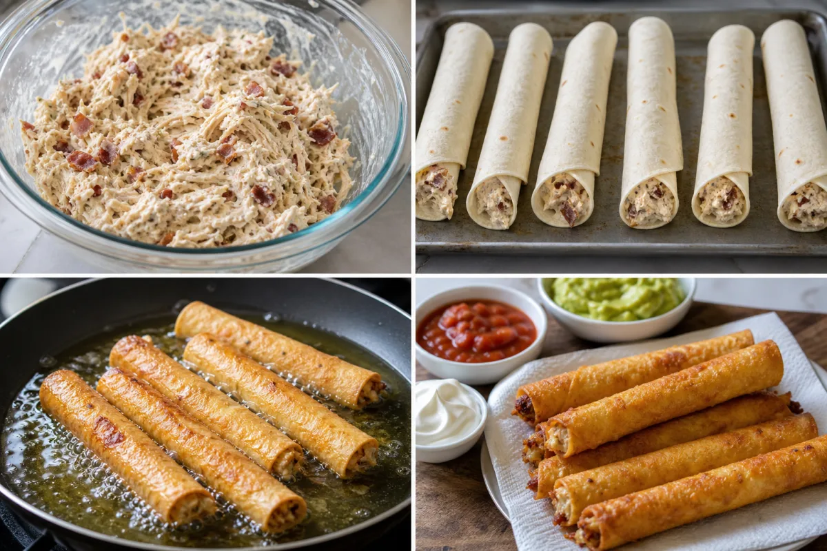 Four stages showing creamy chicken bacon filling, tightly rolled flour tortillas, taquitos shallow-frying, and golden taquitos draining beside salsa guacamole and sour cream