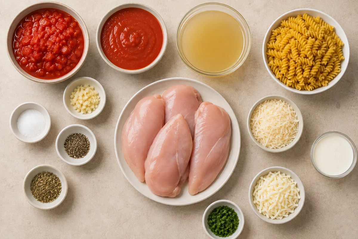 Ingredients for Crock Pot chicken Parmesan soup including chicken breasts, tomatoes, broth, rotini, Parmesan, cream, garlic, and Italian seasoning