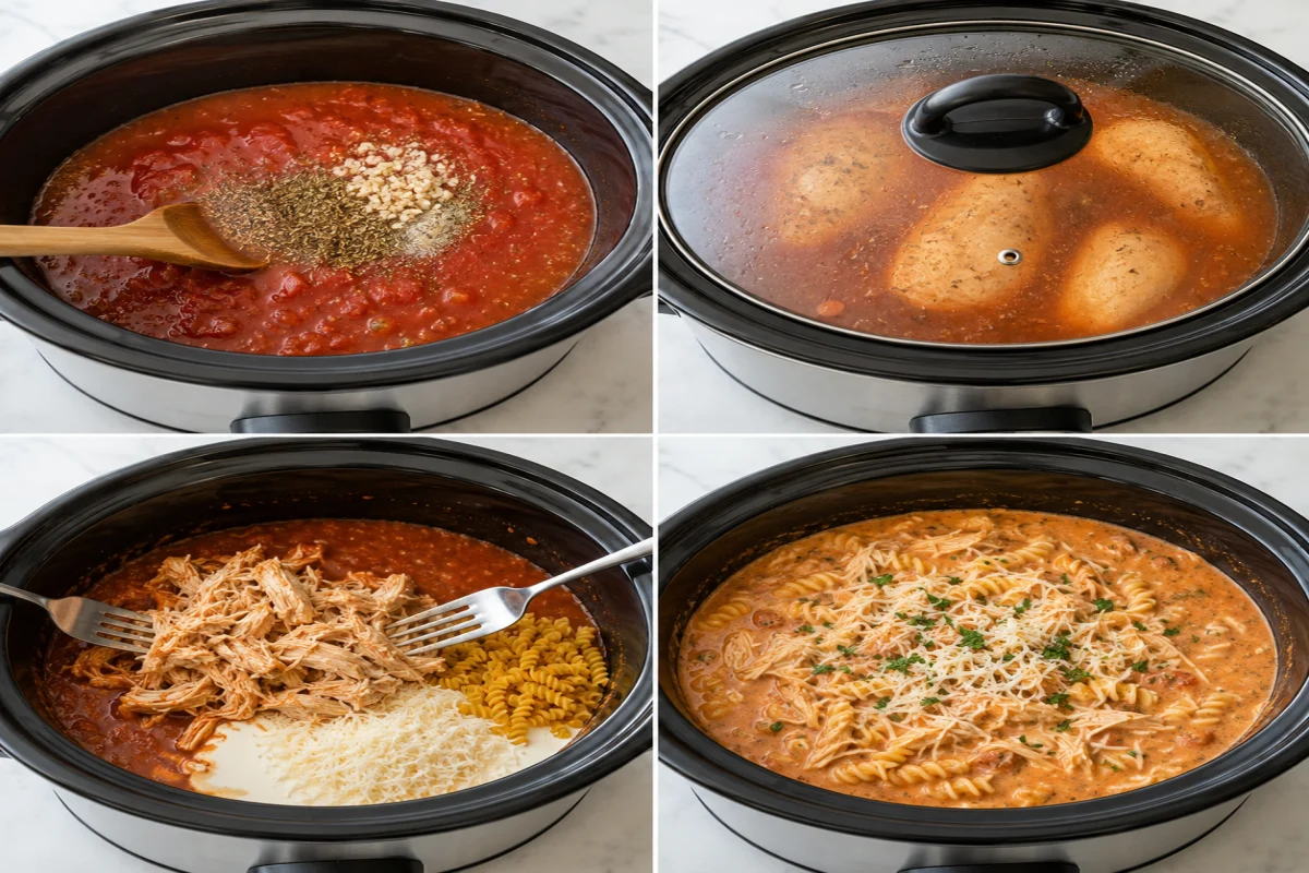 Four stages showing tomato soup base in a slow cooker, chicken cooking, chicken shredded, and rotini cream and Parmesan stirred into the finished soup