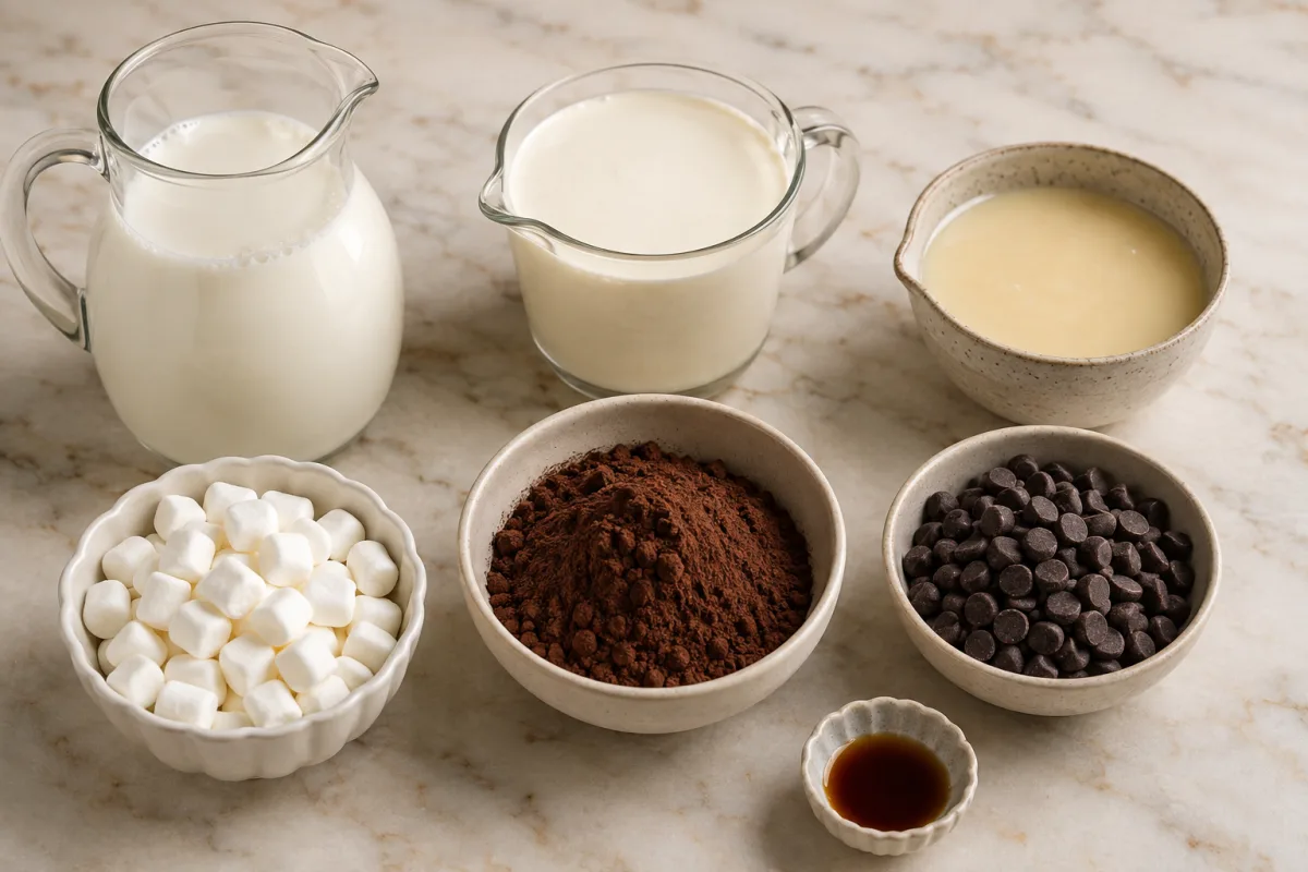 Ingredients for slow cooker hot chocolate with whole milk, heavy cream, condensed milk, Dutch cocoa, semisweet chocolate chips, vanilla, and marshmallows