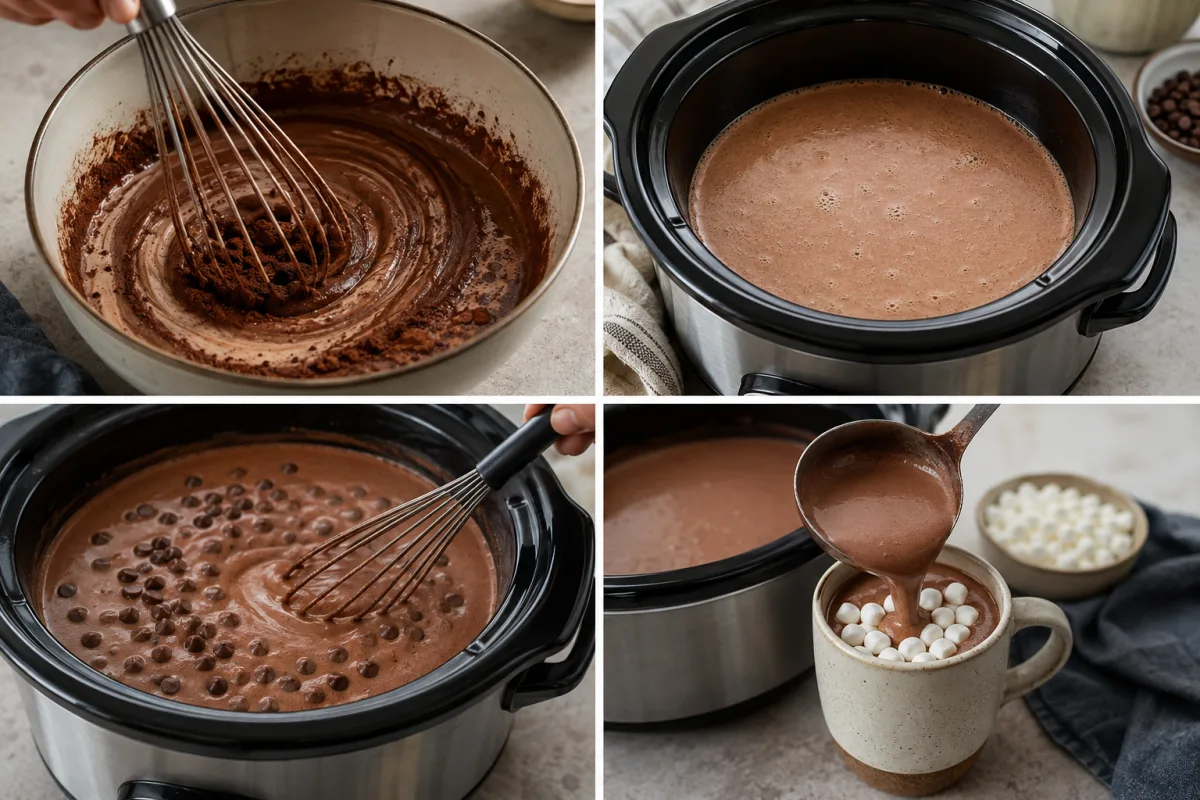 Four stages showing cocoa whisked into warm cream, dairy combined in a slow cooker, chocolate chips melting, and rich hot chocolate ladled into a mug