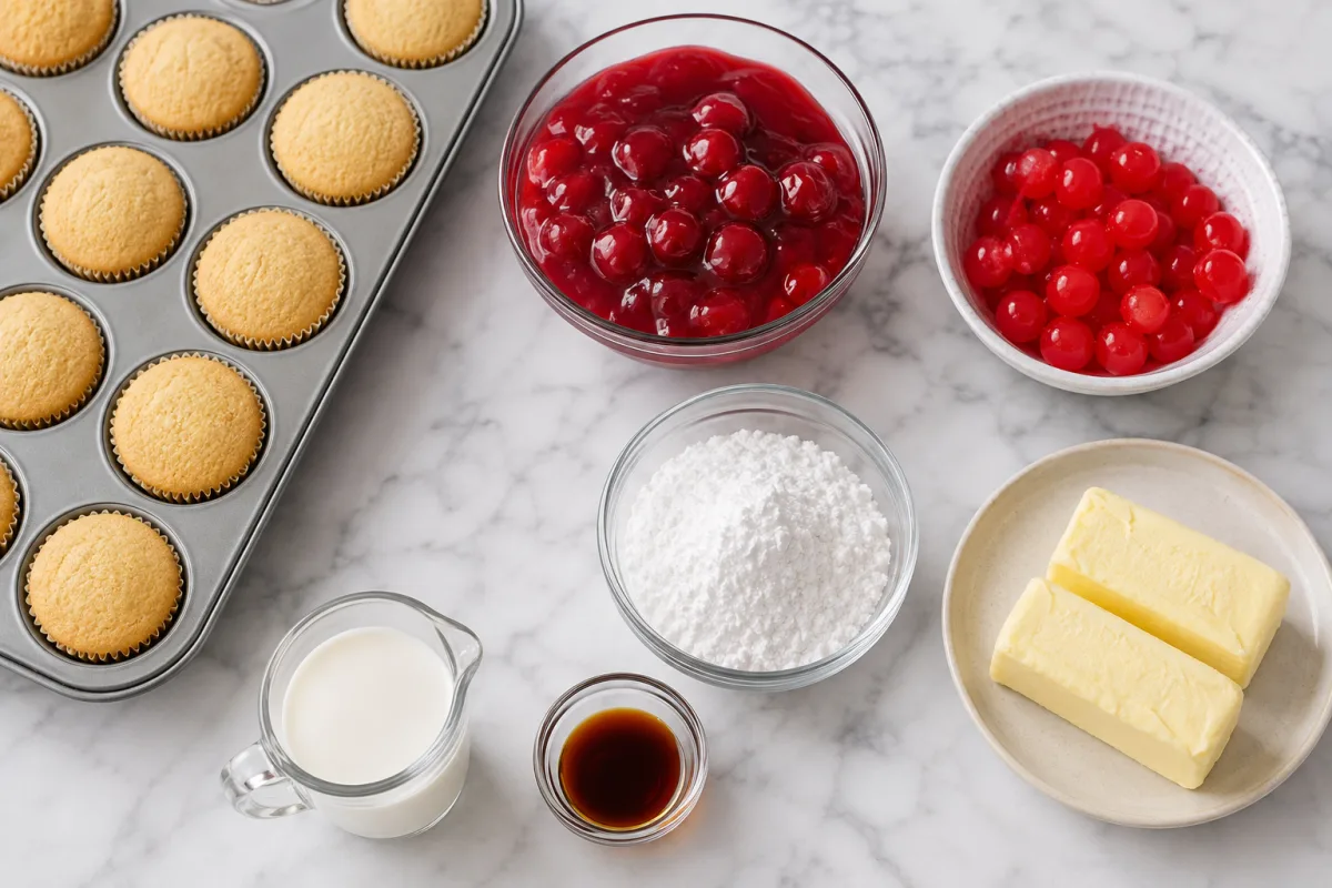 Ingredients for cherry cupcakes with cooled vanilla cupcakes, cherry pie filling, maraschino cherries, powdered sugar, softened butter, vanilla, and half-and-half