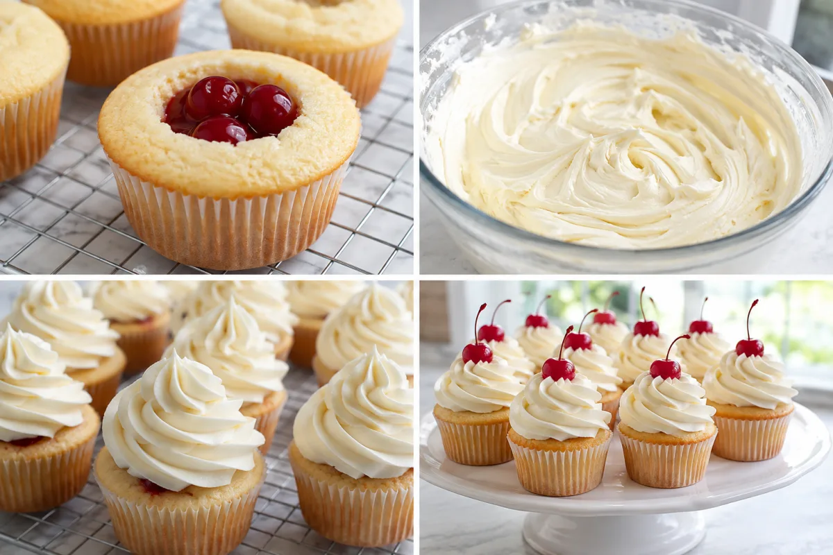 Four stages showing vanilla cupcakes cored and filled with cherries, vanilla buttercream mixed, frosting piped in star-tip swirls, and cupcakes topped with maraschino cherries