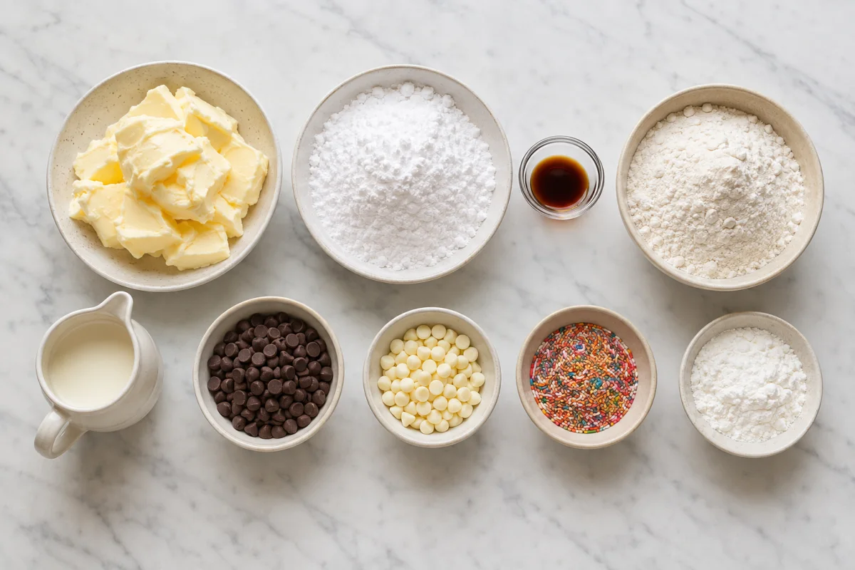 Ingredients for Danish butter cookies including butter, powdered sugar, vanilla, flour, cornstarch, cream, chocolate, and sprinkles