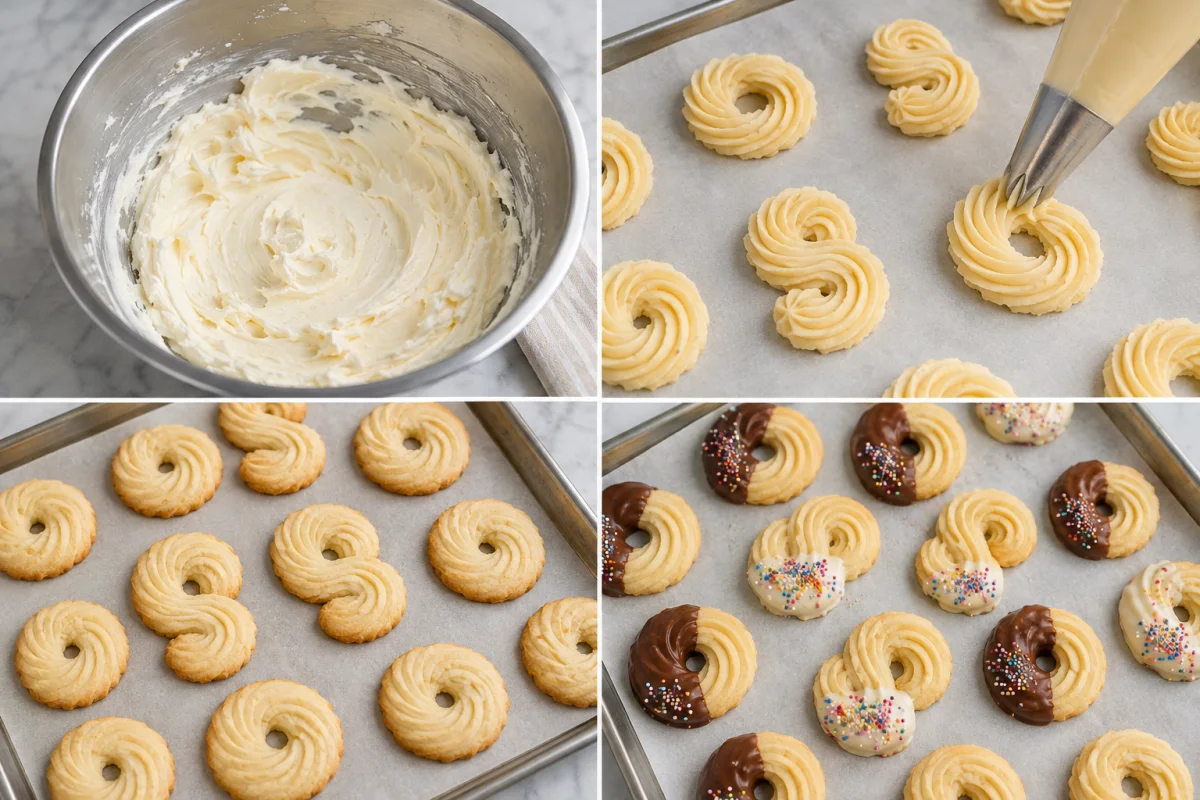 Four stages showing whipped butter, cookie dough piped, pale cookies baked, and cookies dipped in chocolate