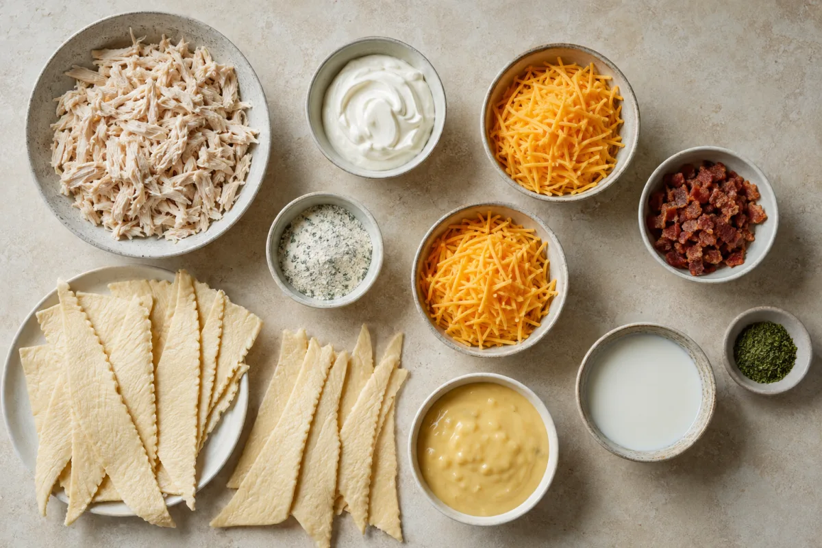 Ingredients for cheesy chicken crescent rolls with cooked chicken, crescent dough, sour cream, ranch seasoning, cheddar, bacon, cream of chicken soup, and milk