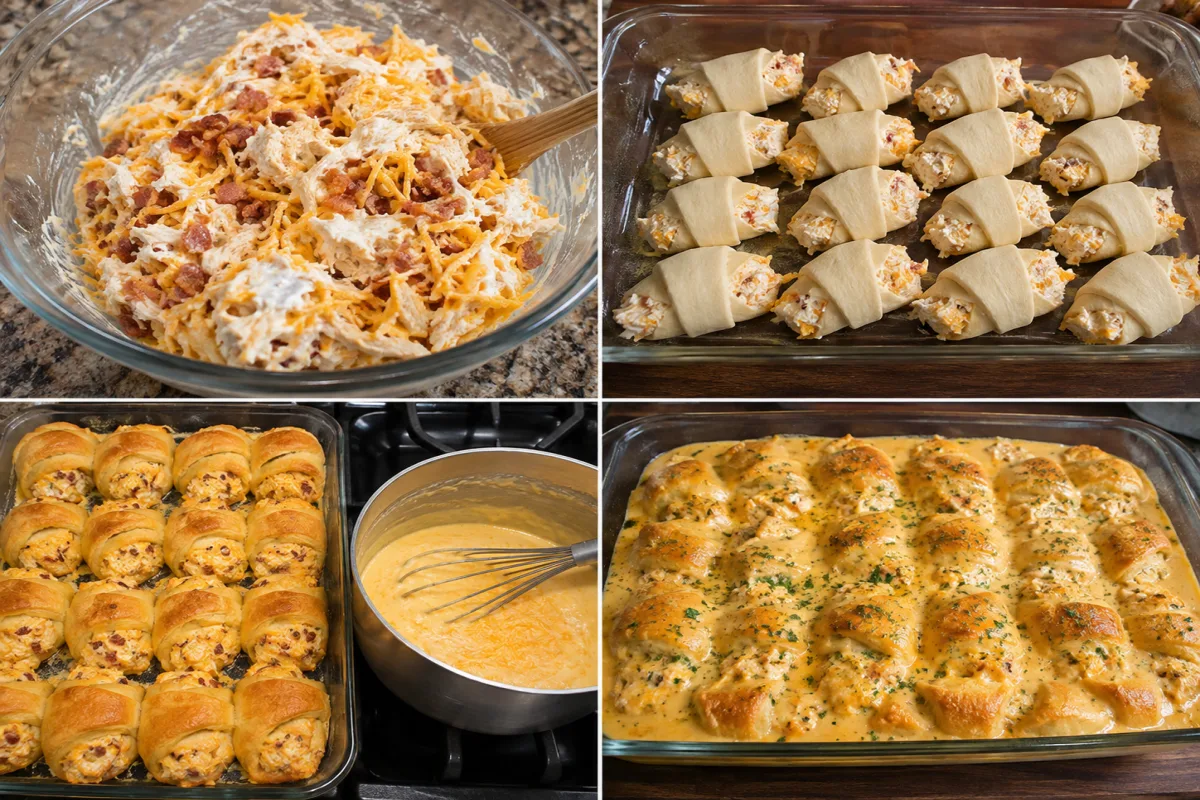 Four stages showing creamy chicken filling mixed, crescent triangles filled and rolled, rolls baked golden, and cheddar sauce poured over the casserole
